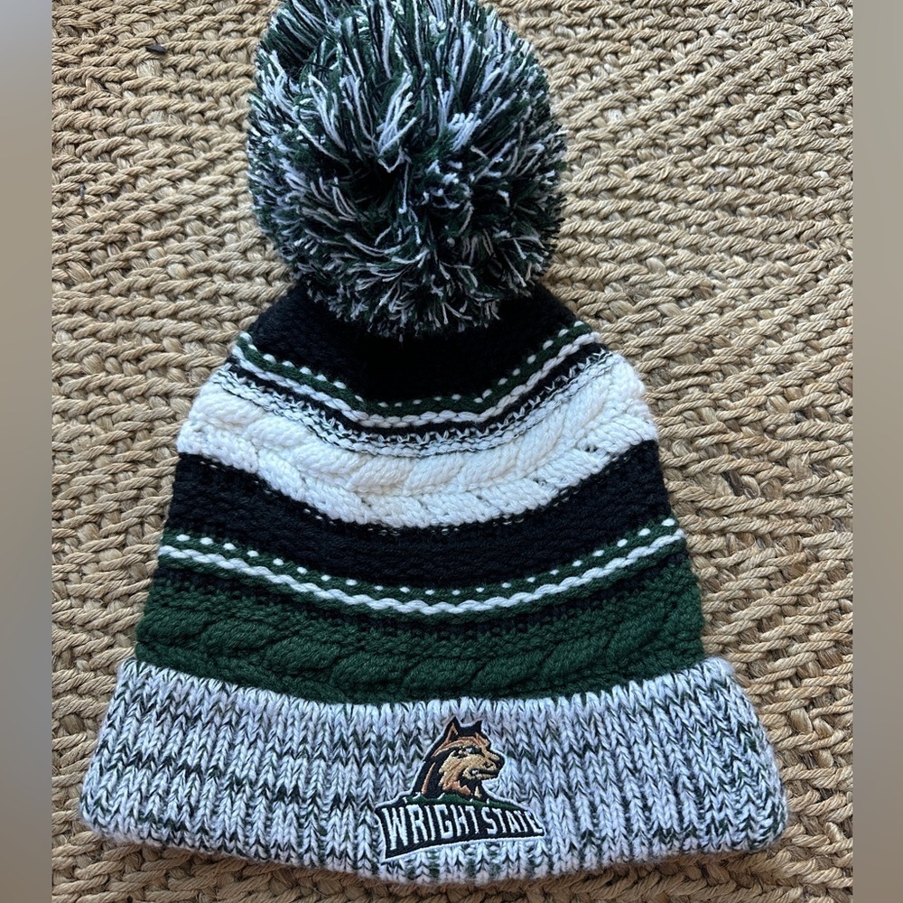 Wright State University Green, White, and Black Pom Pom Knit Hat Beanie